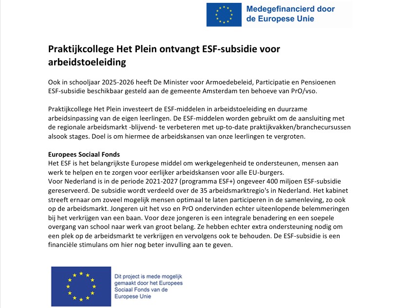 ESF-subsidie Praktijkcollege Het Plein